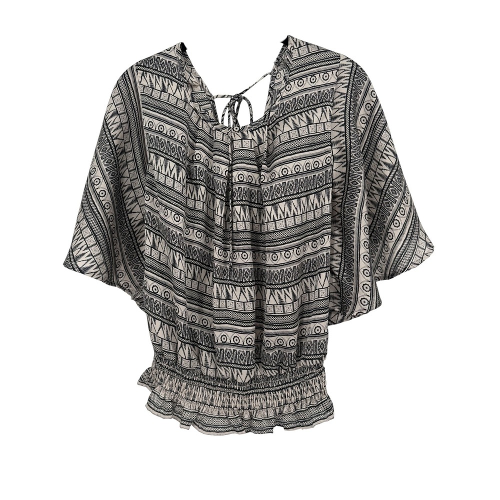 Cherish USA Tribal Print Smocked Waist Blouse Black Cream Dolman Sleeve Medium